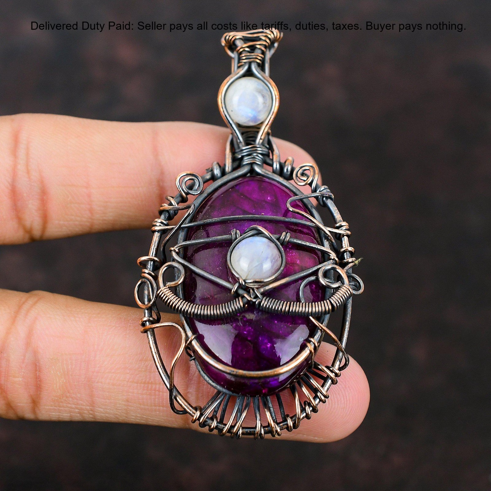 Pink Fire Labradorite Gemstone Rainbow Moonstone Copper Evil Eye Wedding Pendant