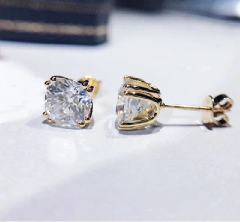 1Ct Cushion Simulated Diamond Solitaire Stud Earrings 14K Yellow Gold Plated