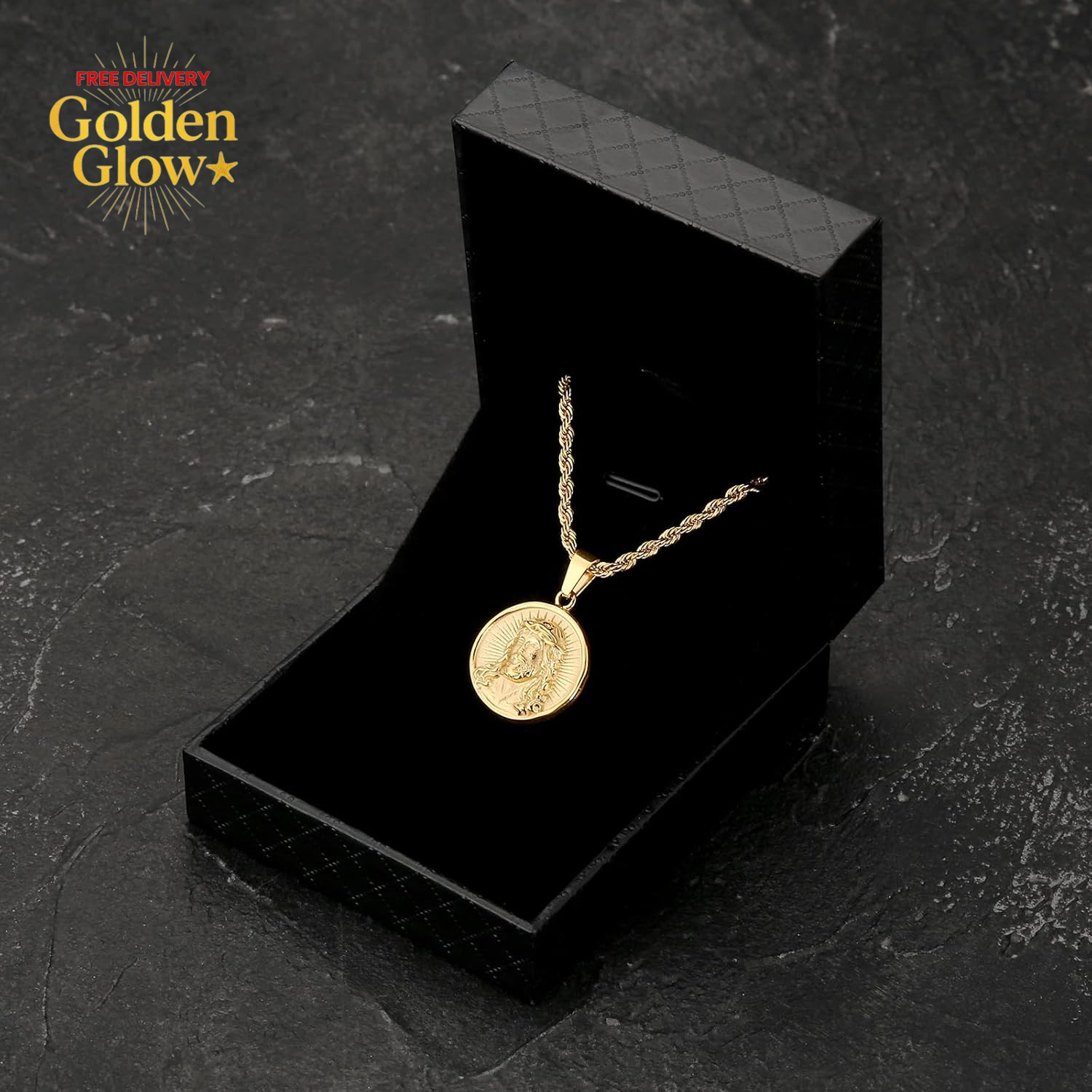 Jesus & Cross Coin Pendant Medallion Necklace Vintage Gifts for Men Gold Plated