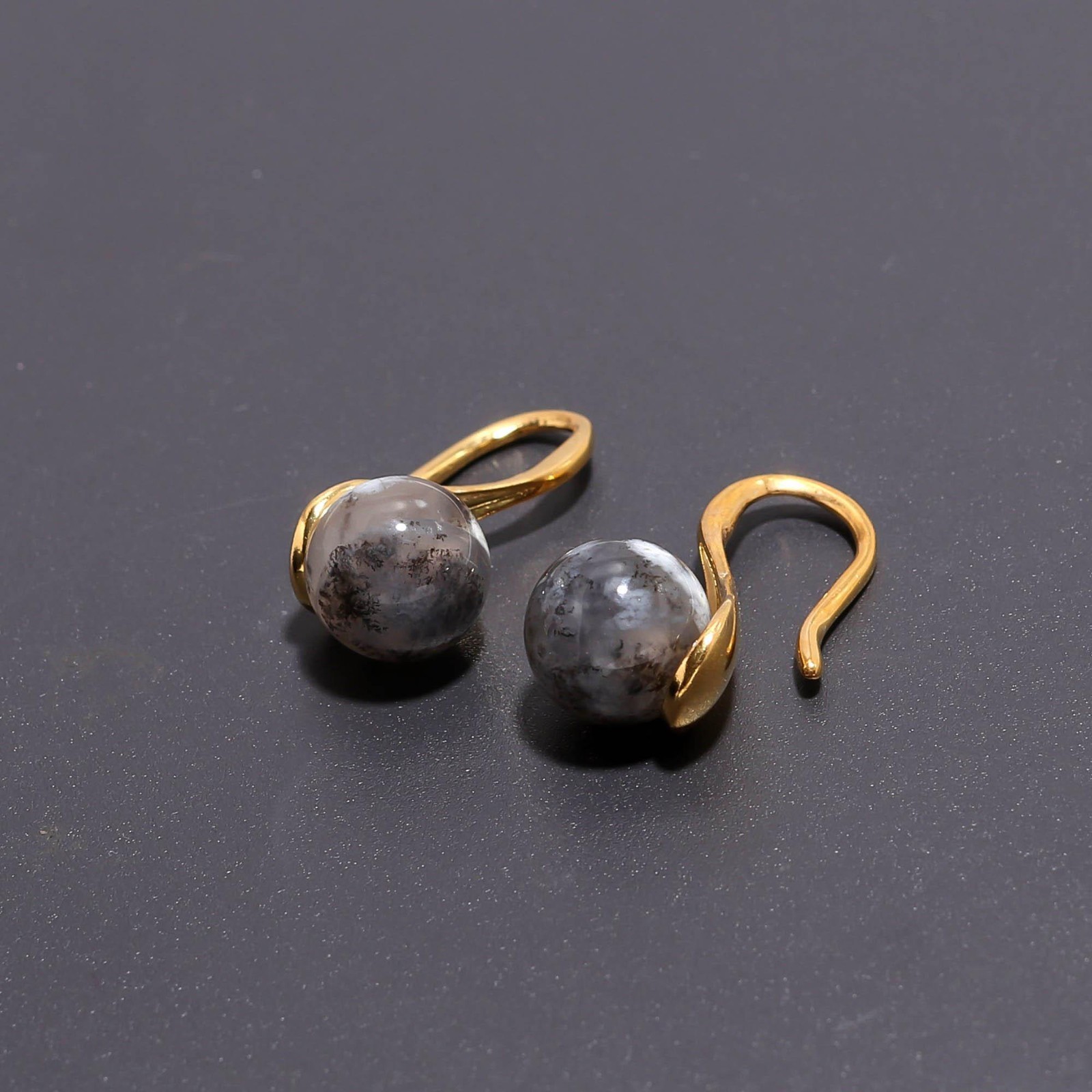 Natural Dendrite Opal Ball Dangle Earrings Gold Fill 925 Sterling Silver Jewelry