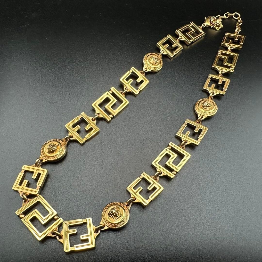FENDACE Fendi Versace Gold Statement Logo Necklace Boxed Unisex 17.7in 2159