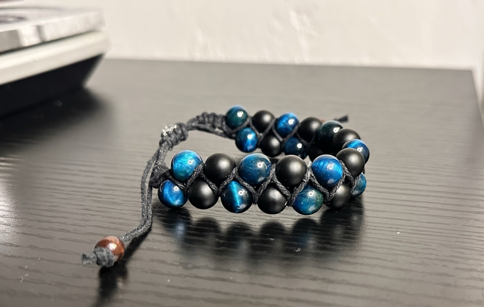 Blue Tiger Eye & Matte Onyx Double Row Bracelet 6.5″ Handmade Hemp