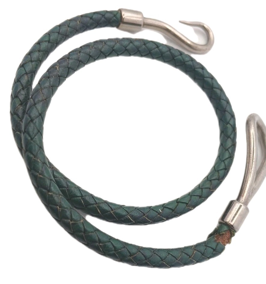 Hermès Jumbo Bracelet Green Braided Leather Palladium Plated Boxed *Please Read*