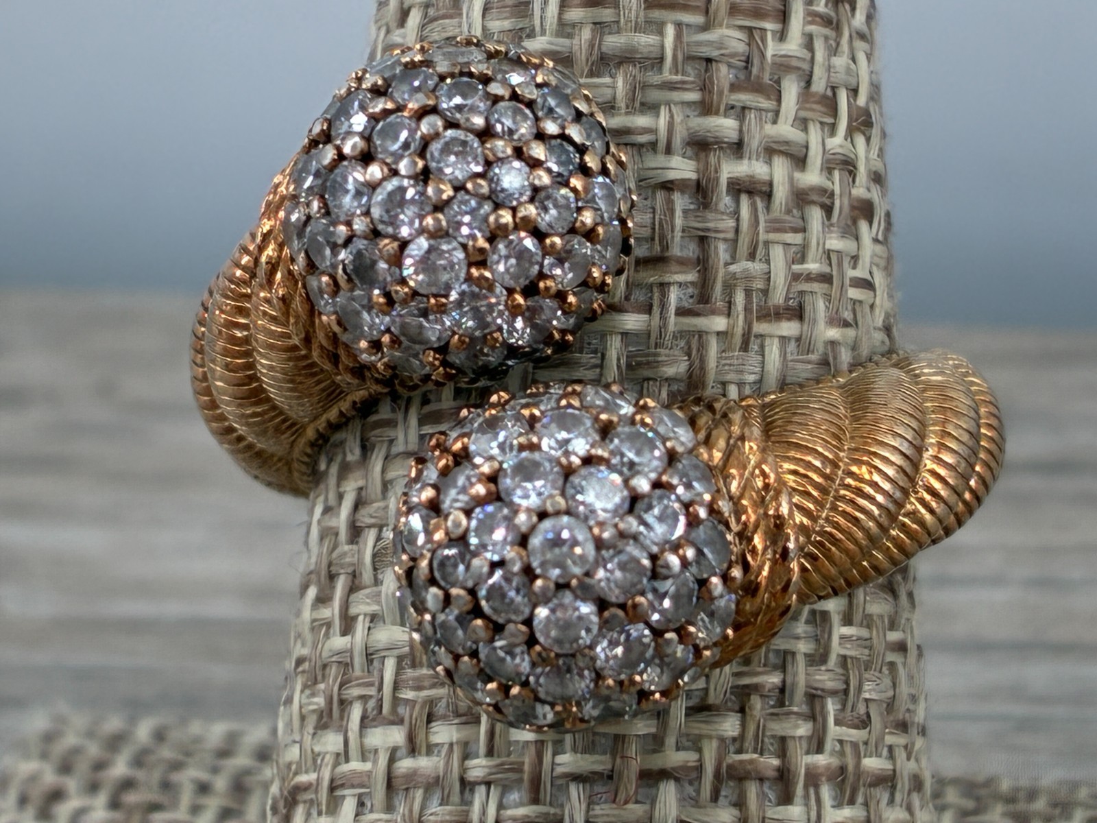 Vintage Judith Ripka Bypass Ring CZ Sphere Ball Tips Gold on Sterling Cable Band