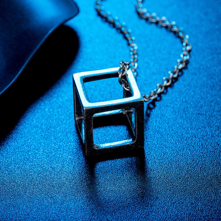 Men Women Hollow Cubic Necklace Stainless Steel Minimalist Pendant Box Chain