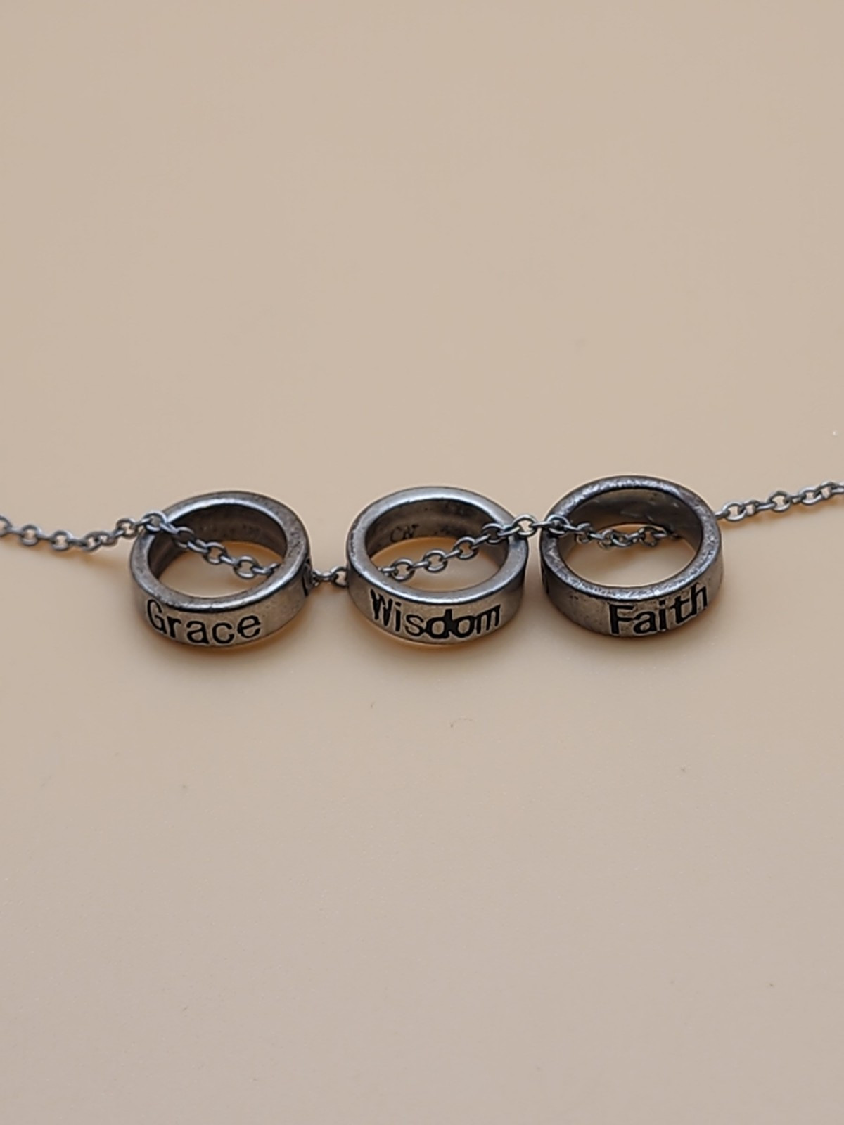 Vtg ATI CN Signed Faith Wisdom Grace Rings Necklace Silver Tone FREE $HIPPING!!