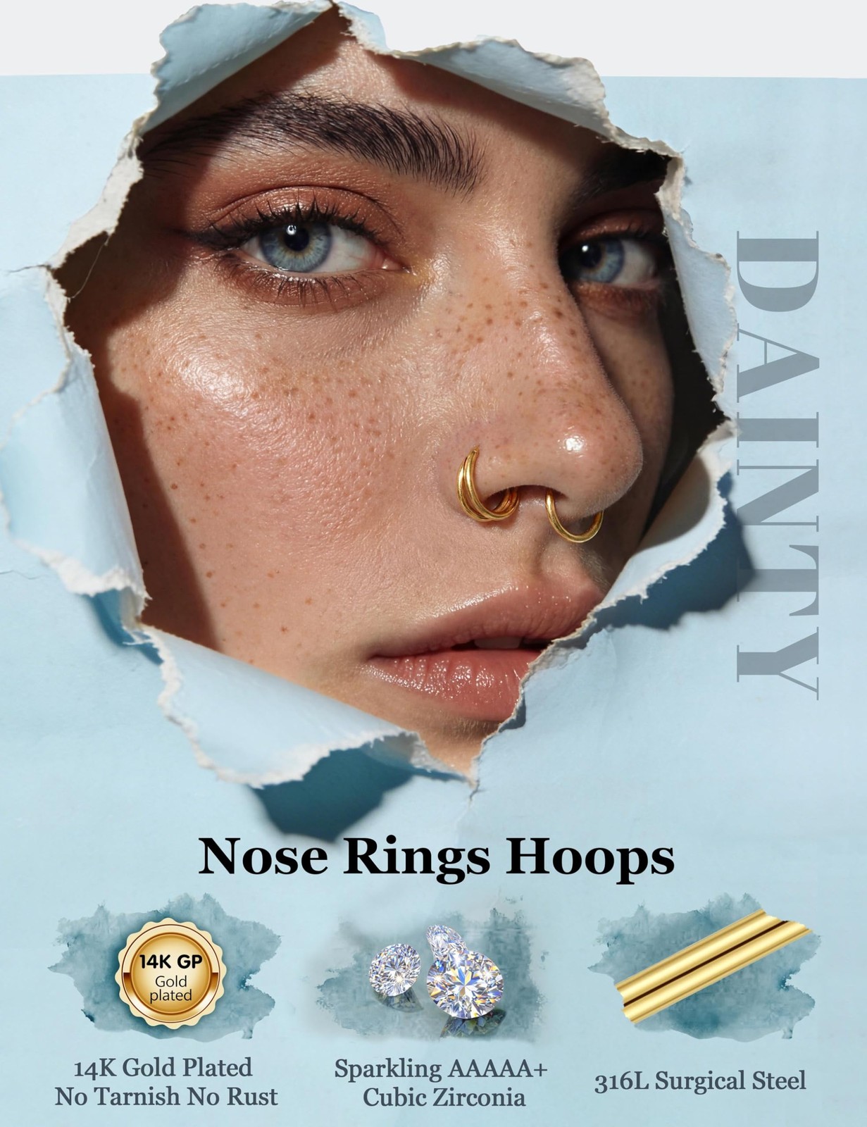 Jstyle 5Pcs 18G 16G Surgical Steel Nose Rings Hoop for Women Opal CZ Clicker Hin