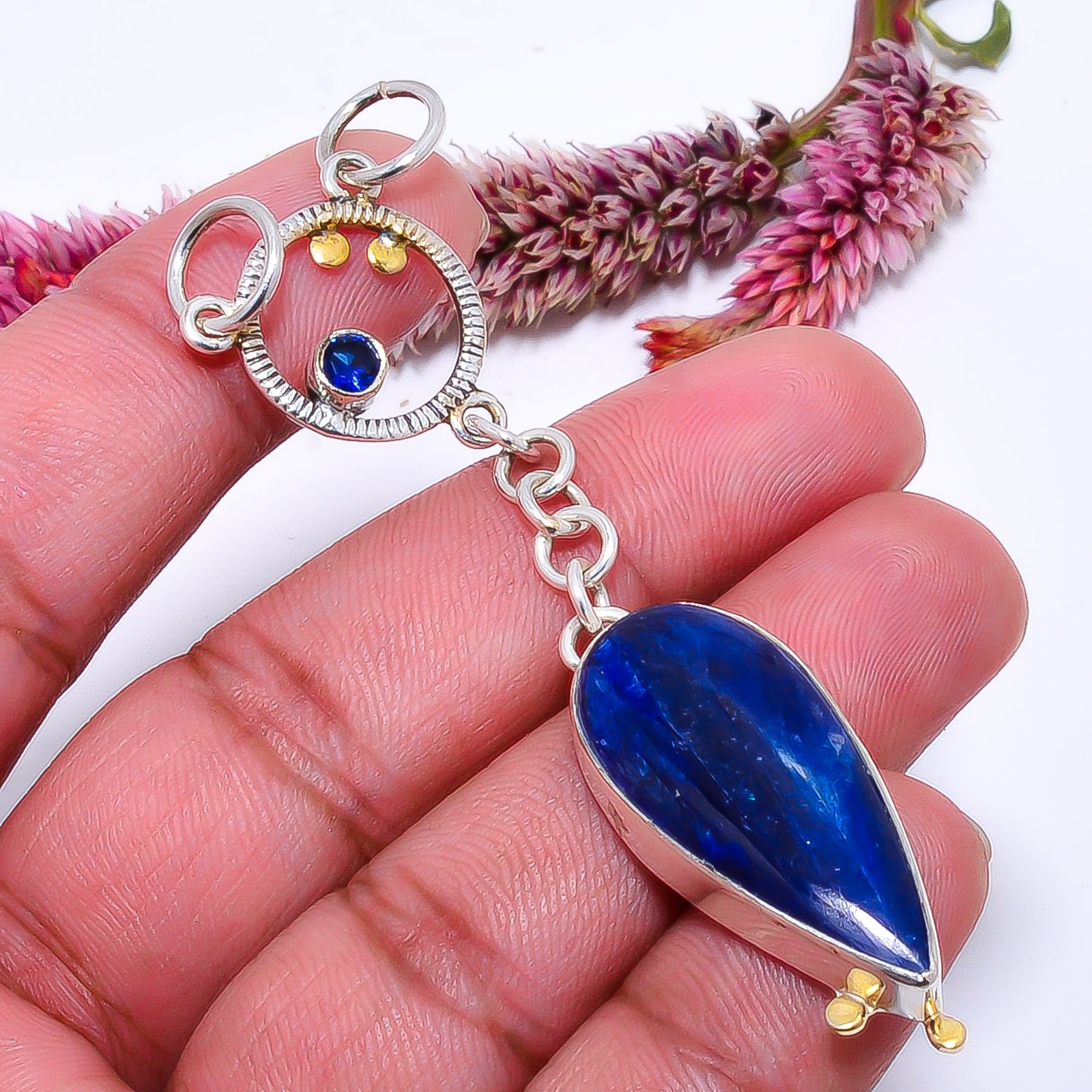 Kyanite – Nepal 925 Solid Silver Desiner Two Tone Pendant 3.04″ P1037111465