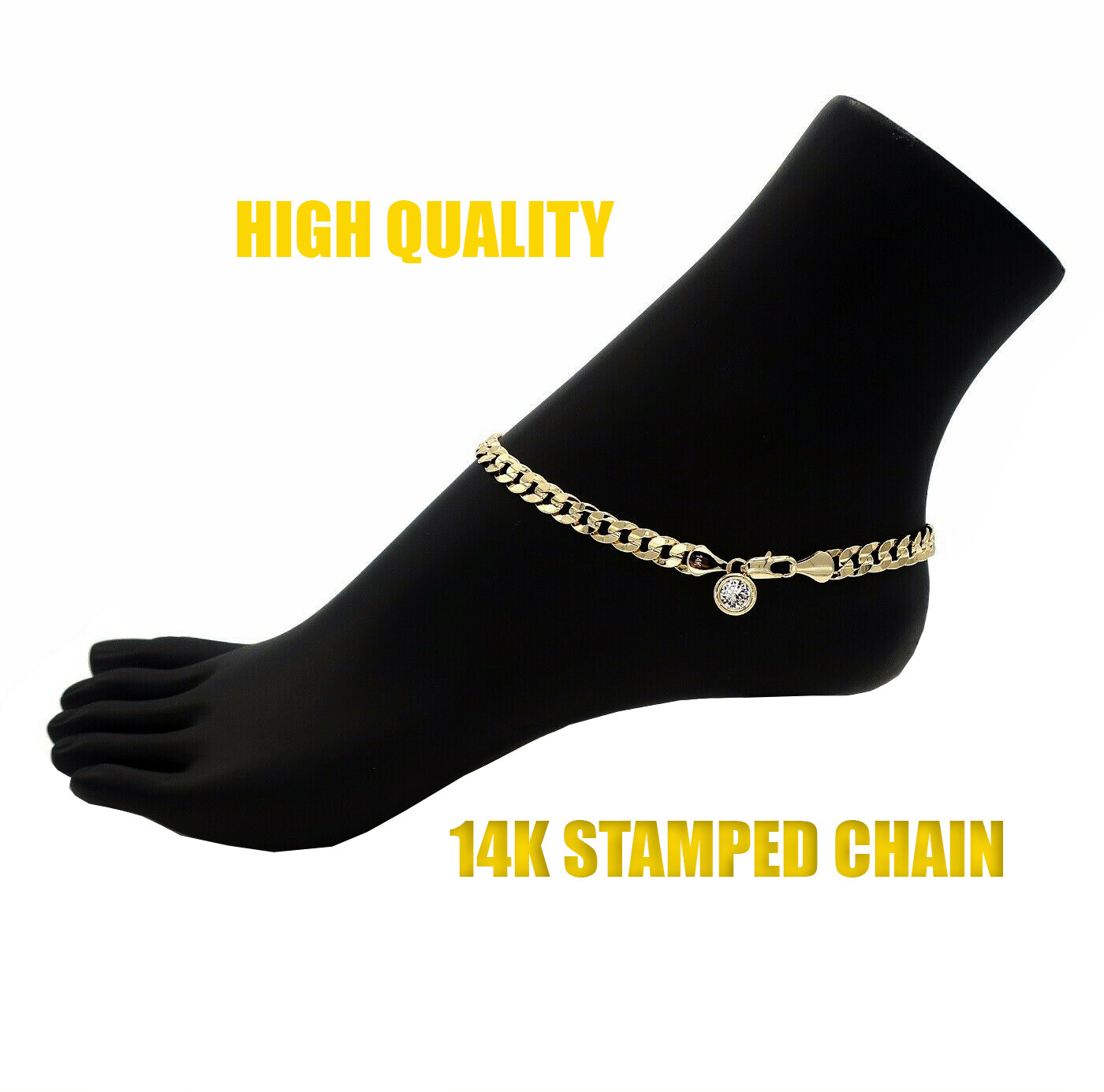 CONCAVE CUBAN CHAIN ANKLET CUBIC ZIRCONIA ANKLE BRACELET 14K GOLD PLATED BRASS