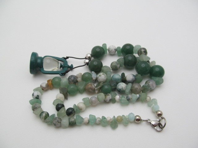 Multi Green Natural Stone Jade Agate Fluorite Enamel & Glass Lantern Necklace