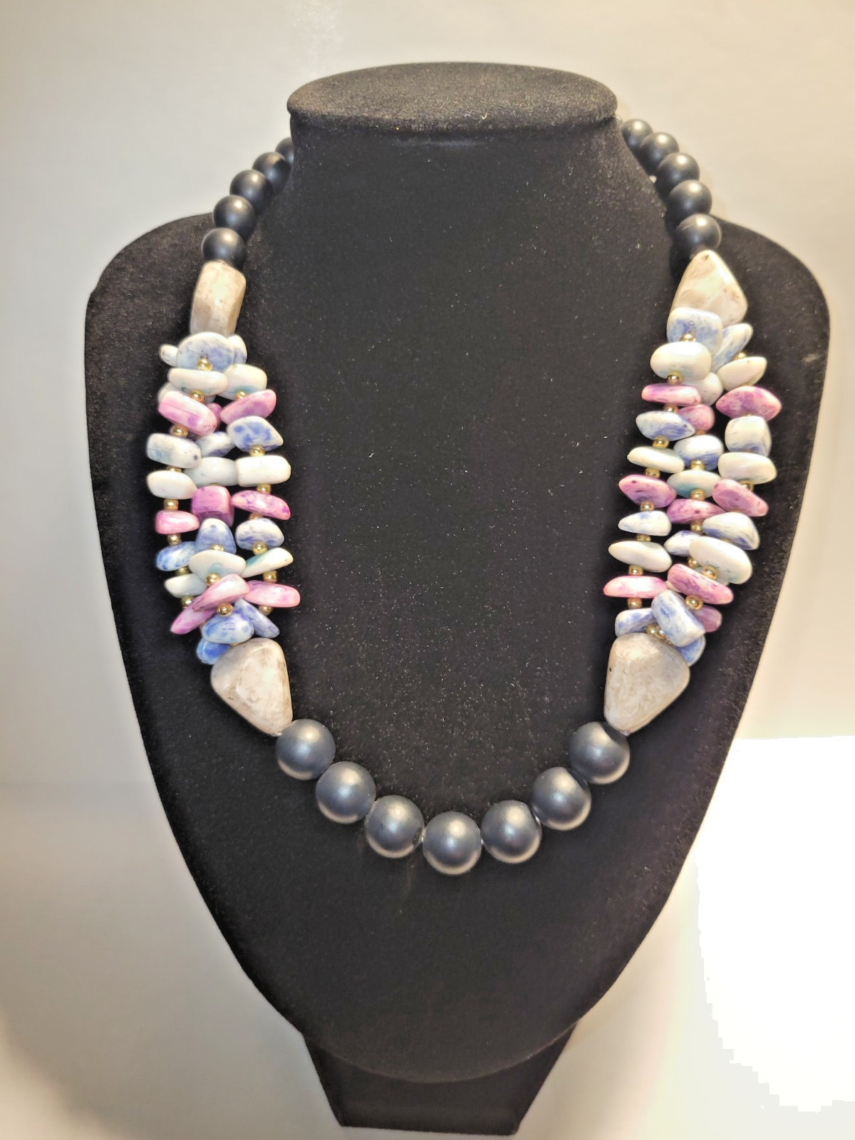 Handmade Beaded Statement Necklace with Multi-Color Stone Accents & Dark Beads