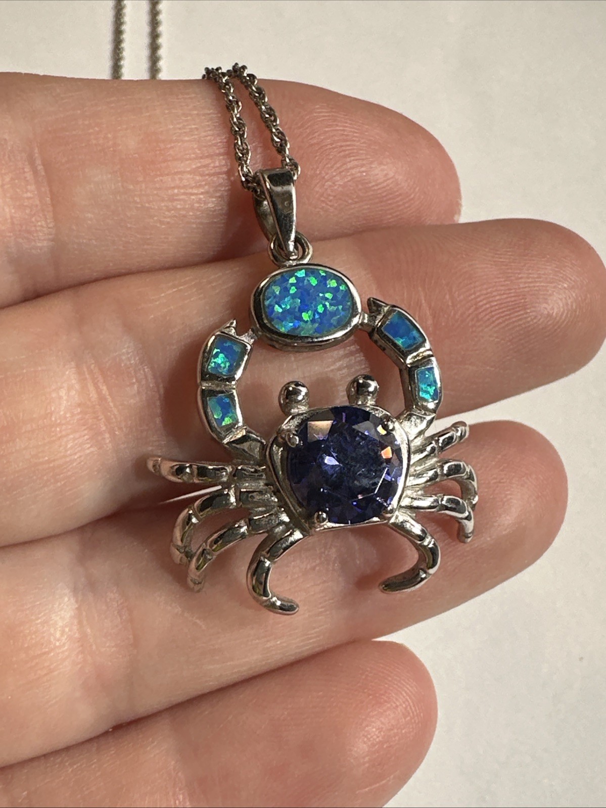 Cancer Zodiac Crab Necklace Blue Purple Beach Ocean Opal Sterling 925 Silver 18”