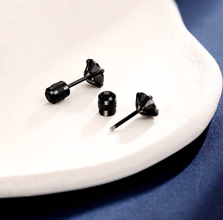 2Pcs Women Men Hypoallergenic Stainless Steel Round CZ Stud Earrings Screw Back