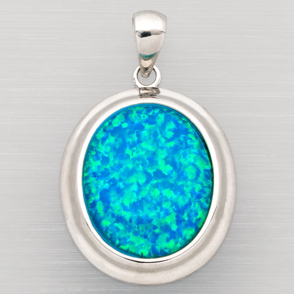 Oval Ocean Blue Fire Opal Cabochon Silver Jewelry Women Necklace Pendant