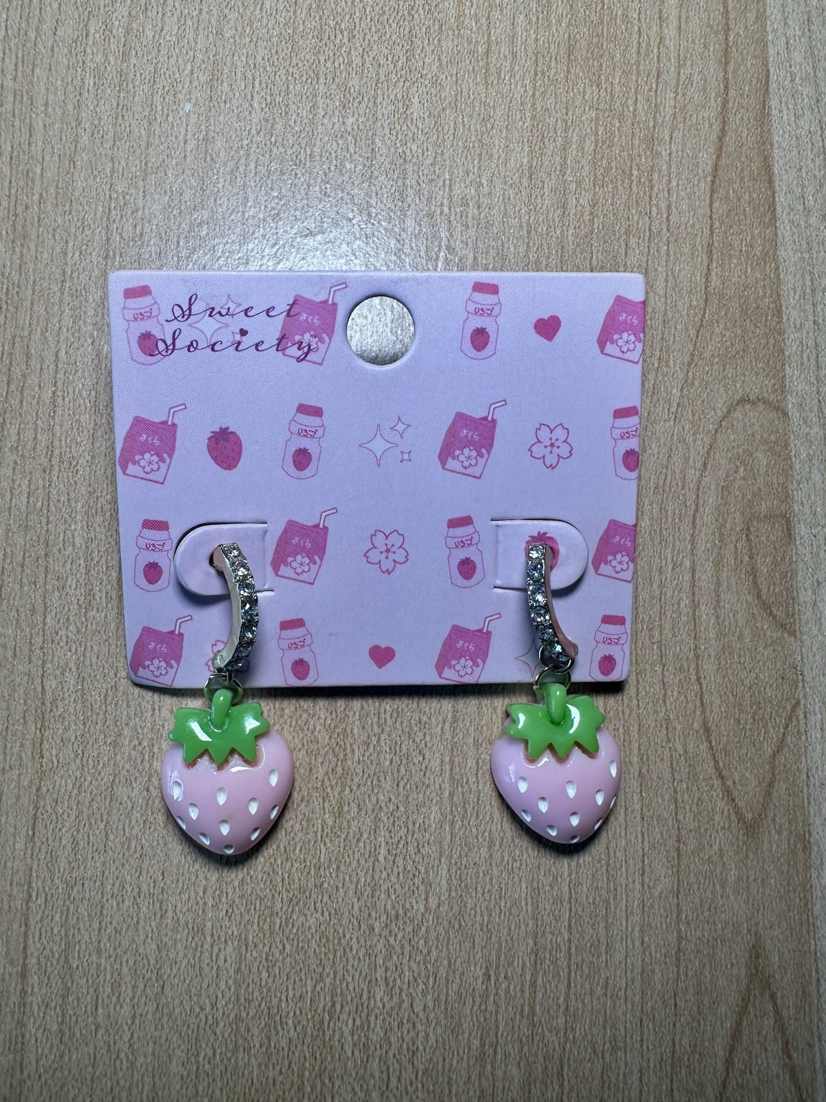 Hot Topic Pink Strawberry Gold Cuff Earrings Hoop Cute Kawaii Sweet Society New