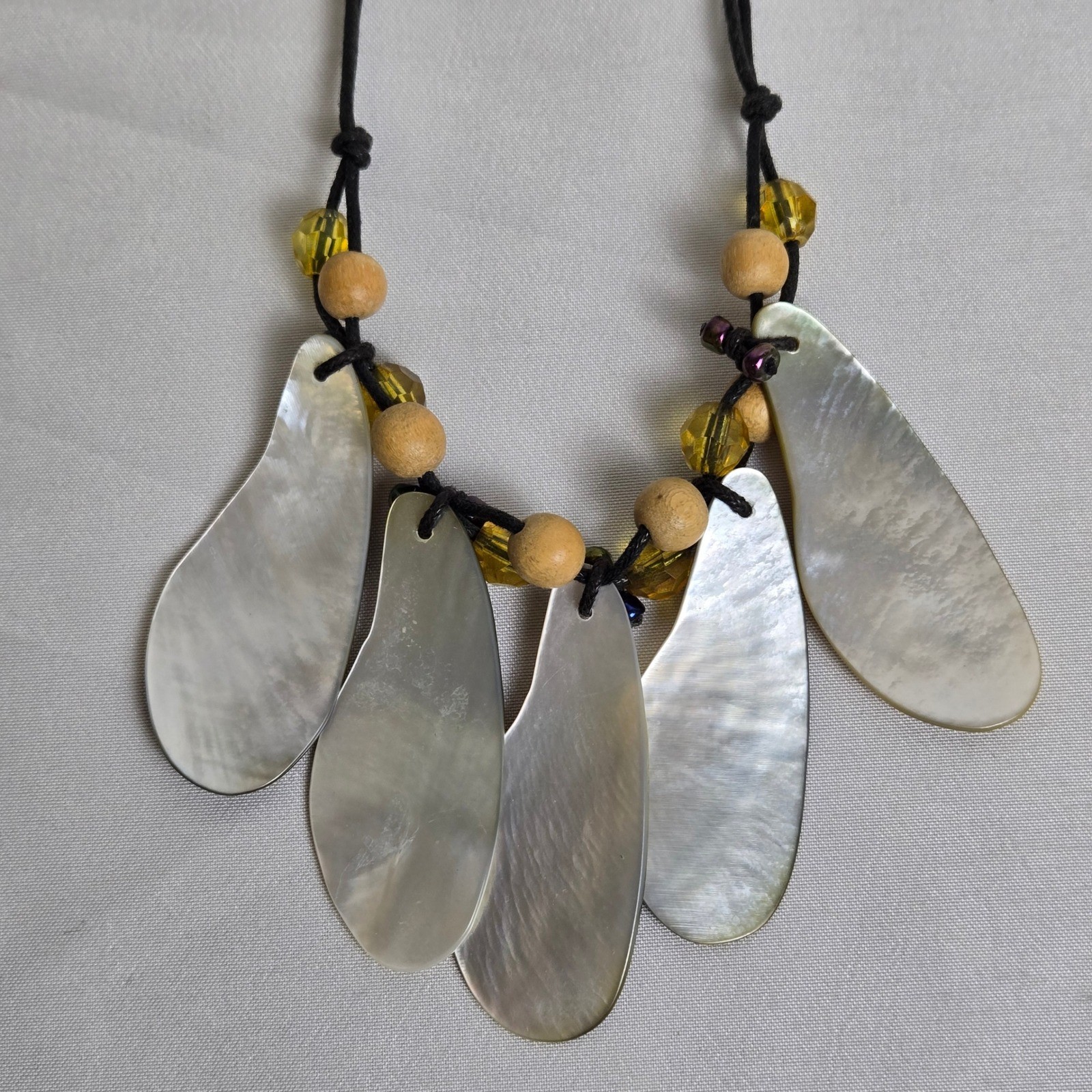 Bohemian Beachy Bib Necklace, Iridescent Pendants Beaded Cord