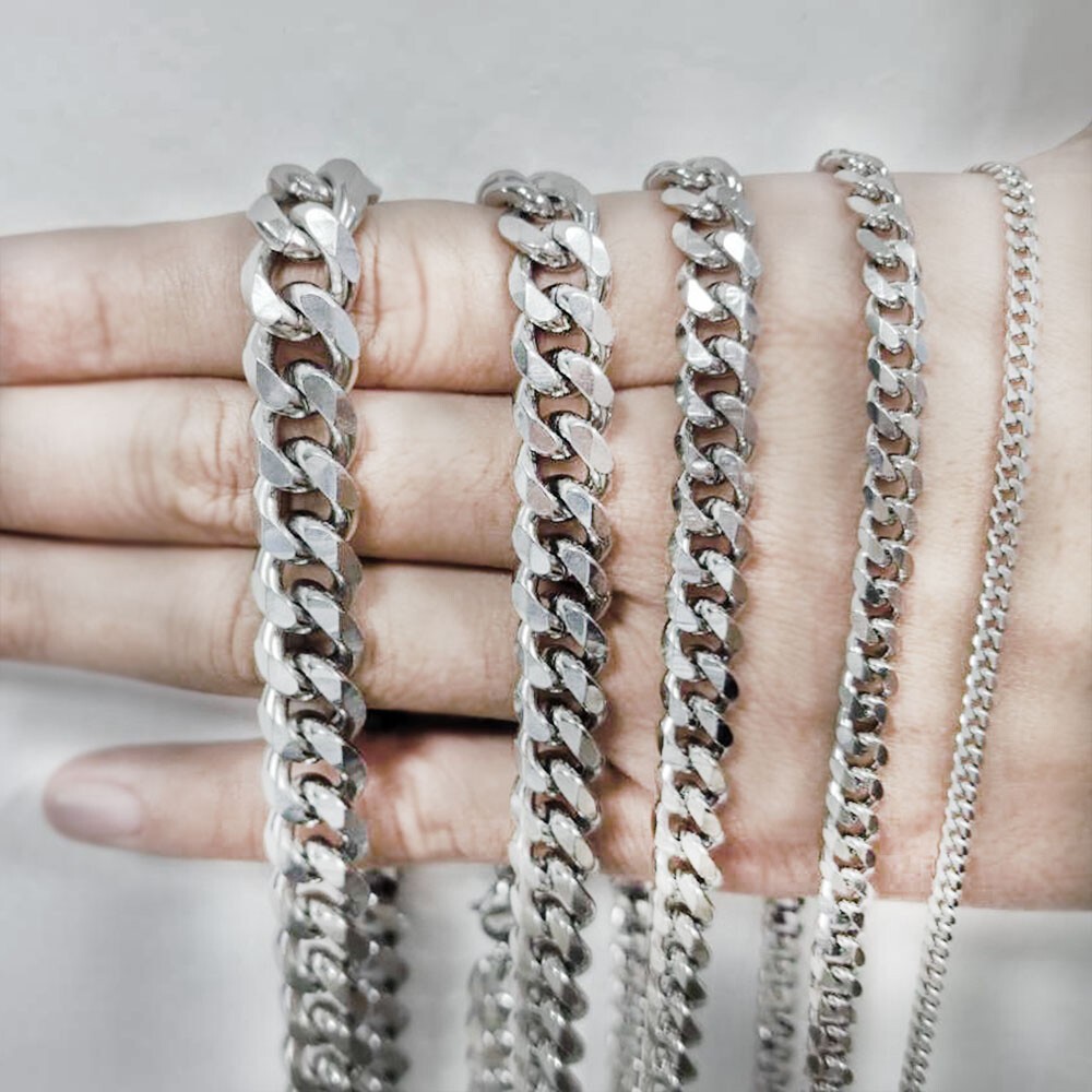 16-30″ Stainless Steel Silver Chain Cuban Curb Womens Mens Necklace 3/5/7/9mm