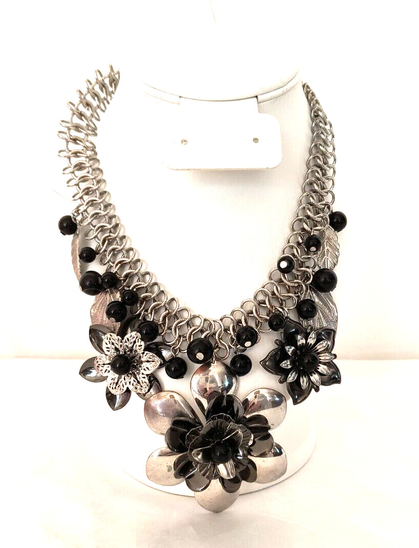 Silver Tone & Black Women’s Statement Necklace Flower Shapes Adjustable Length