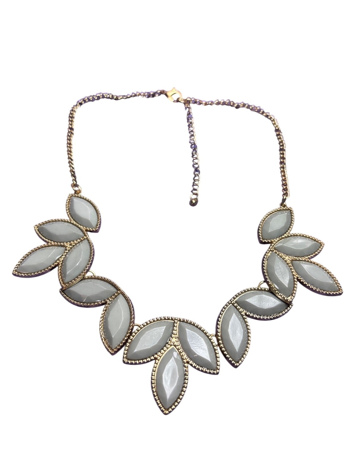 Grey Plastic Rhinestone Statement Necklace Goldtone 16 – 19 inches Long