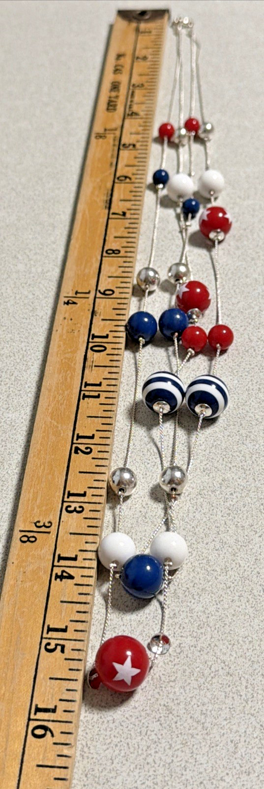 Red White Blue 32” Long Multi Strand Necklace Patriotic Star Stripe Beaded 250th