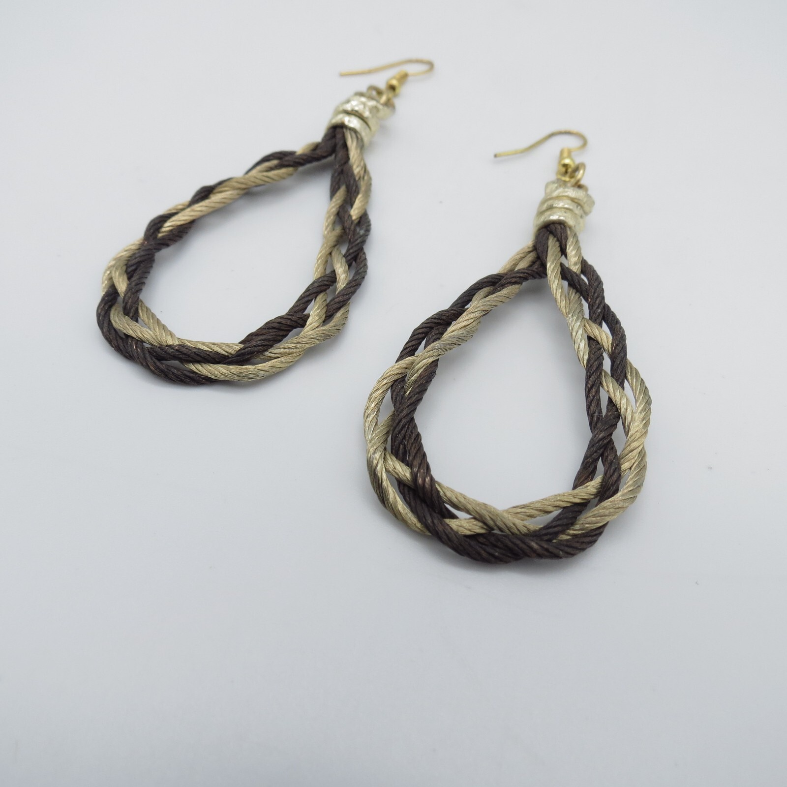 Teardrop Dangle Earrings Brown Beige Braided Rope Gold Tone Boho