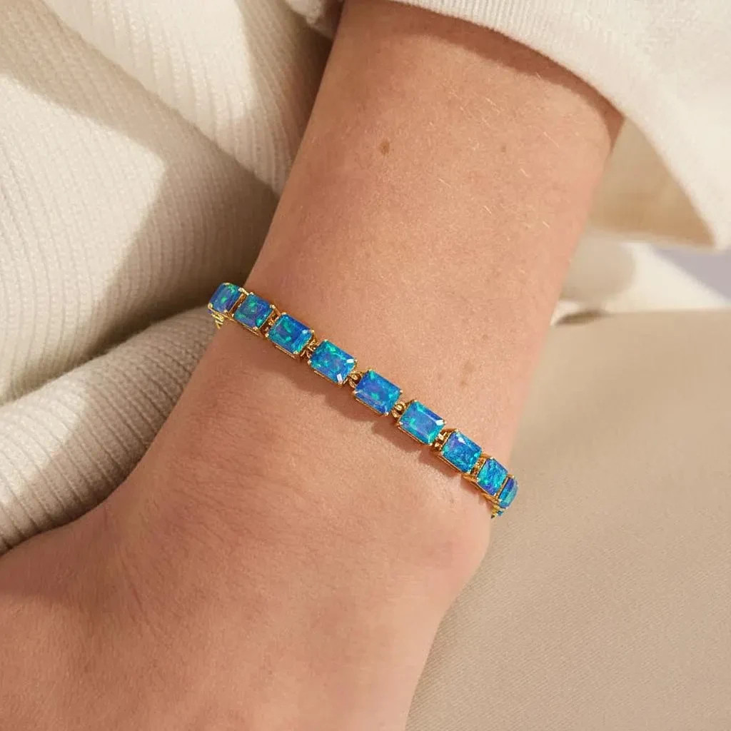 Fire Blue Opal Gemstone Silver Tennis Bracelet, Natural Opal Gemstone 925 Silver