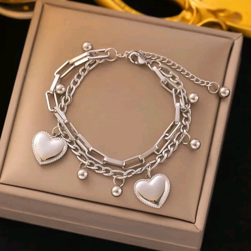Silver Oval Link Chain Heart Dangle Charm Adjustable Metal Bracelet Lobster Clo…