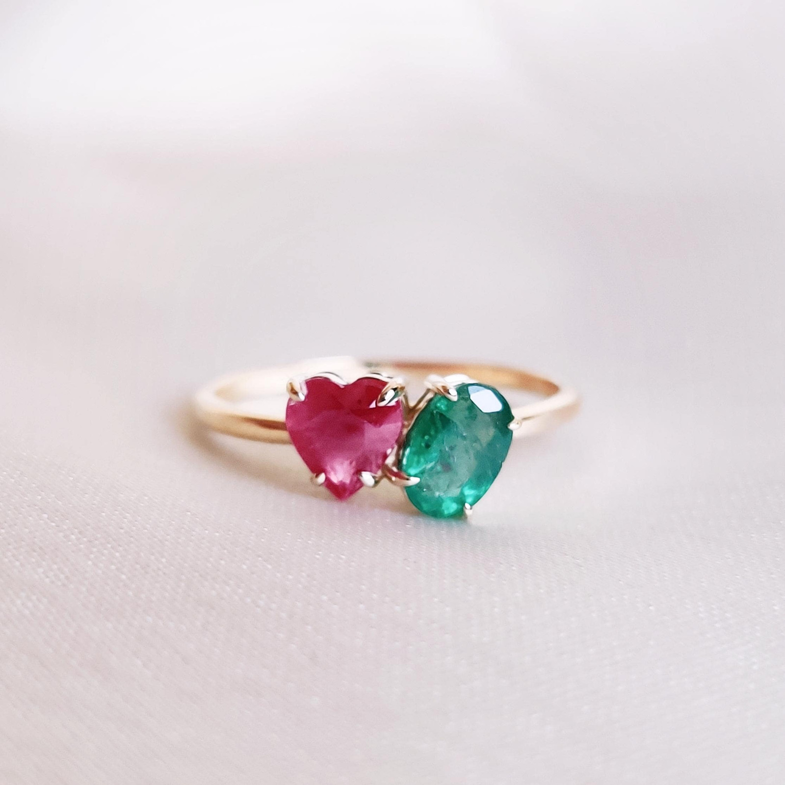 0.96 Ct Natural Emerald Ruby Ring 14K Yellow Gold Minimalist July Birthstone