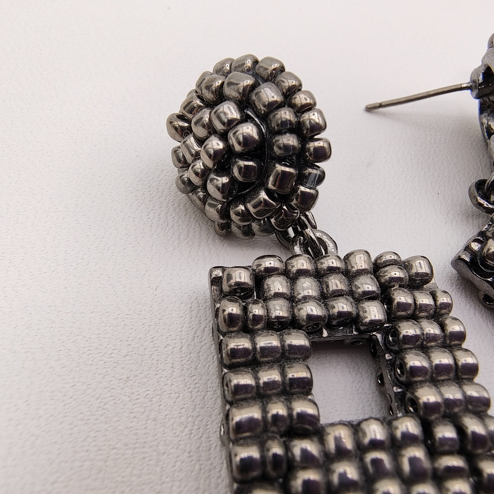 Geometric Maximalist Dangle Statement Earrings Gunmetal Beaded Industrial Chic