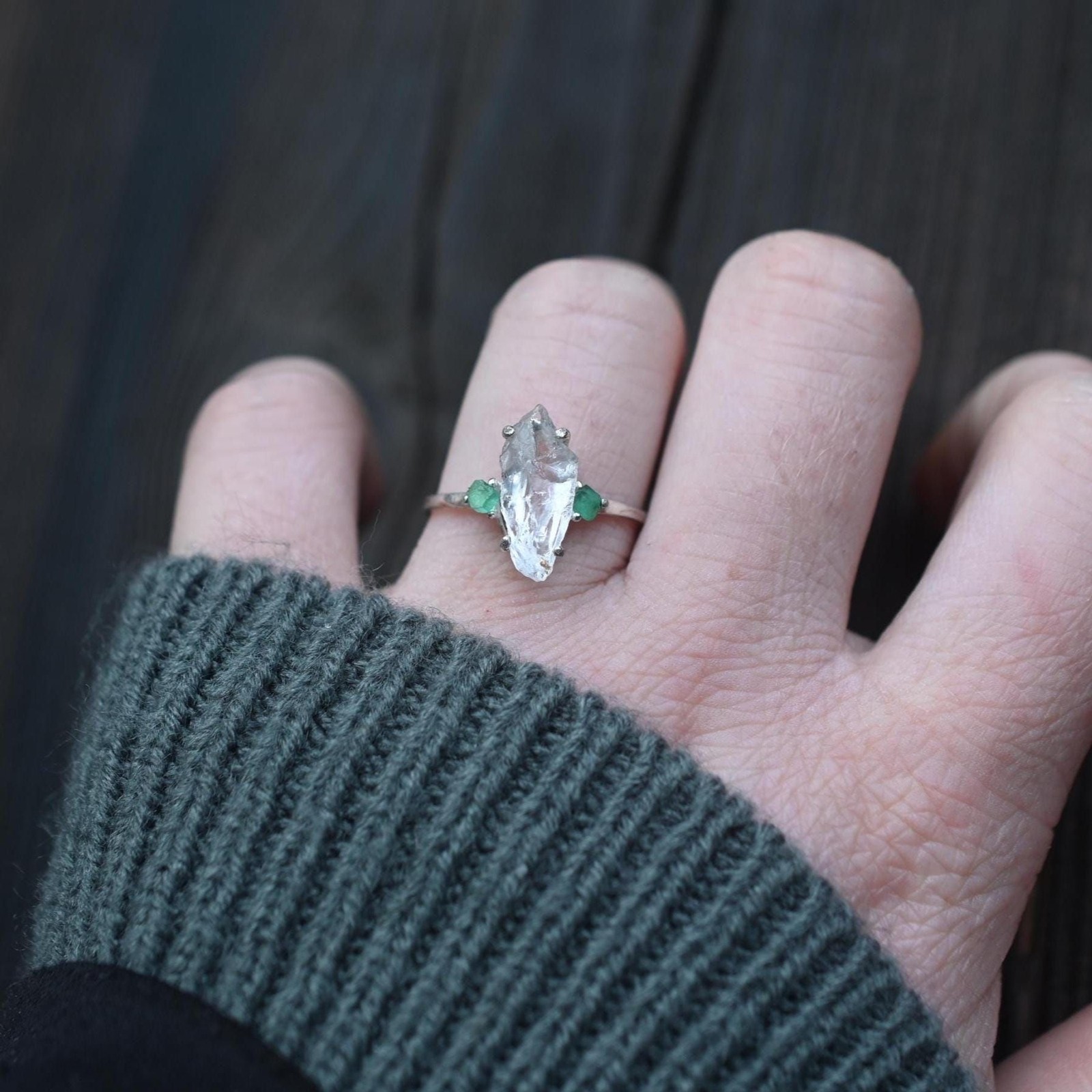 Engagement ring Emerald and Lake County diamond sterling silver size 3 4 5 6 7