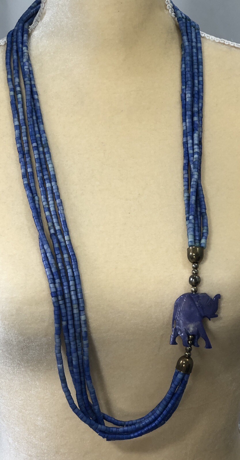 Elephant Pendant Necklace Multi-Strand Beaded Blue – 35 in Length