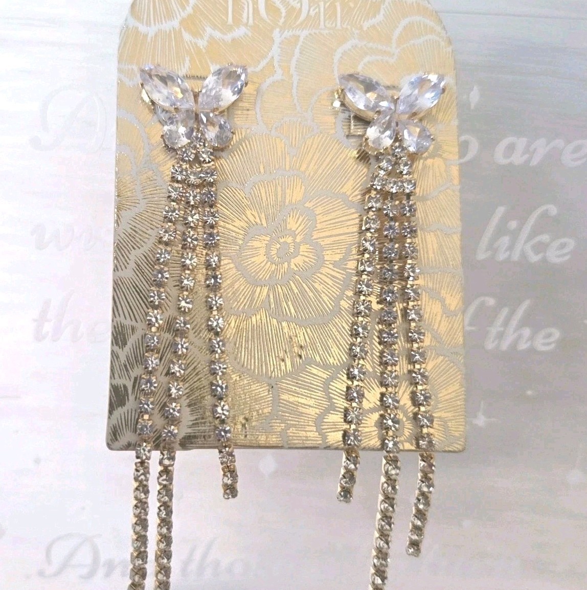 NWT Noir Butterly Rhinestone Crystal Drop Earrings Gold Tone Fashion 3.5 in.