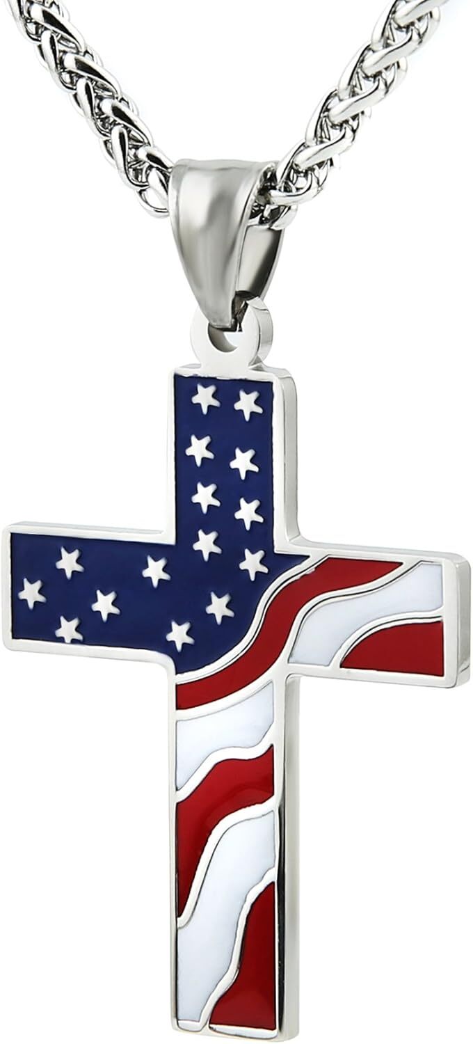 American Flag Patriotic Cross Necklace Religious Jewelry Pendant Necklace
