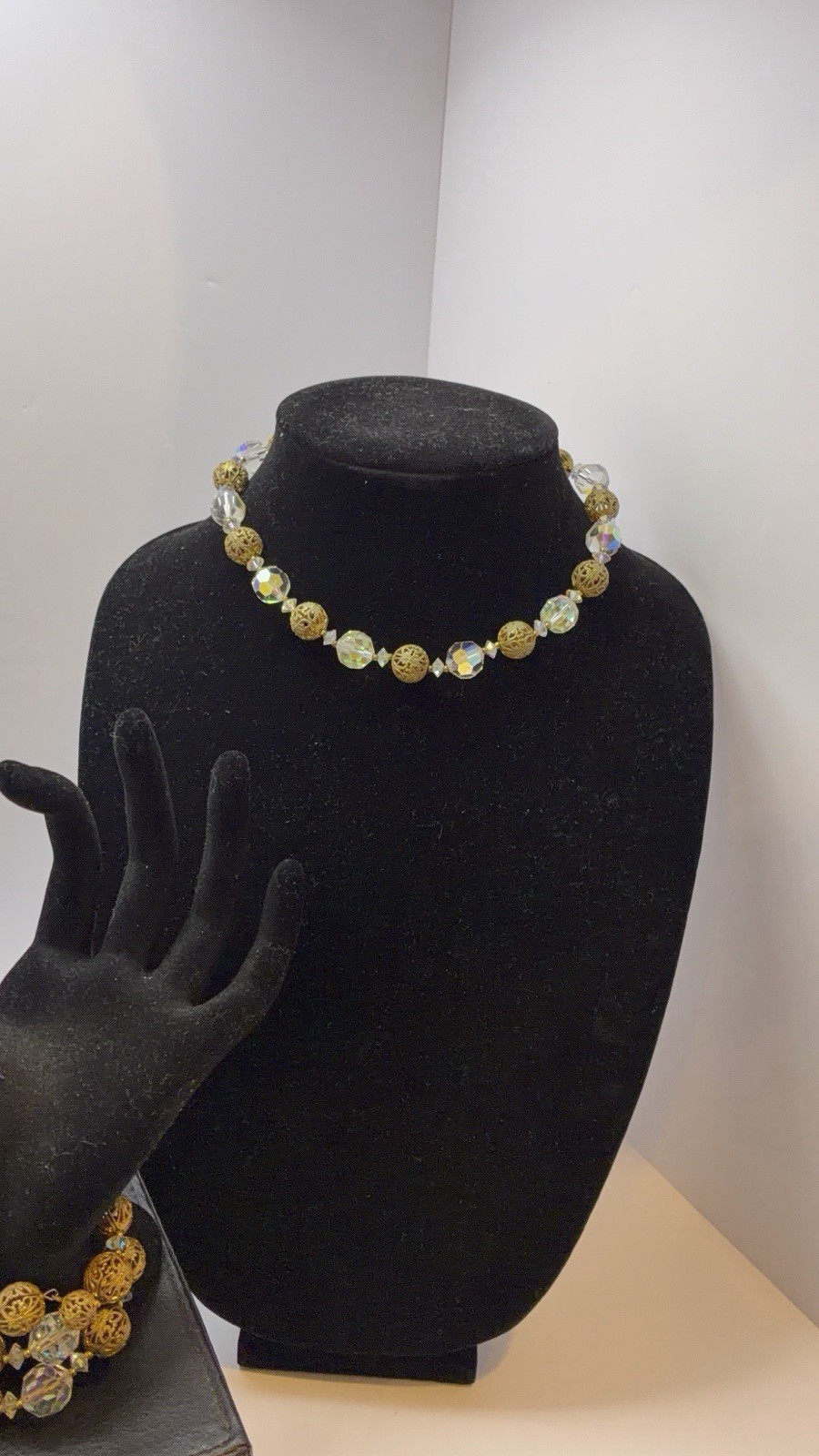 Vintage 16″ Aurora Borealis Crystal & Gold Filigree Choker & Bracelet Set