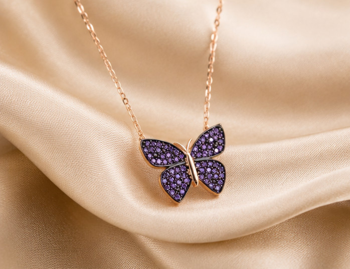 2Ct Round Simulated Amethyst Butterfly Pendant Necklace 14K Yellow Gold Plated