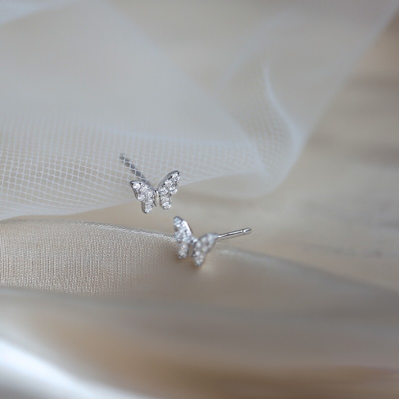 925 Sterling Silver Small Butterfly Pave CZ Cubic Zircon Stud Earrings Gift PE50