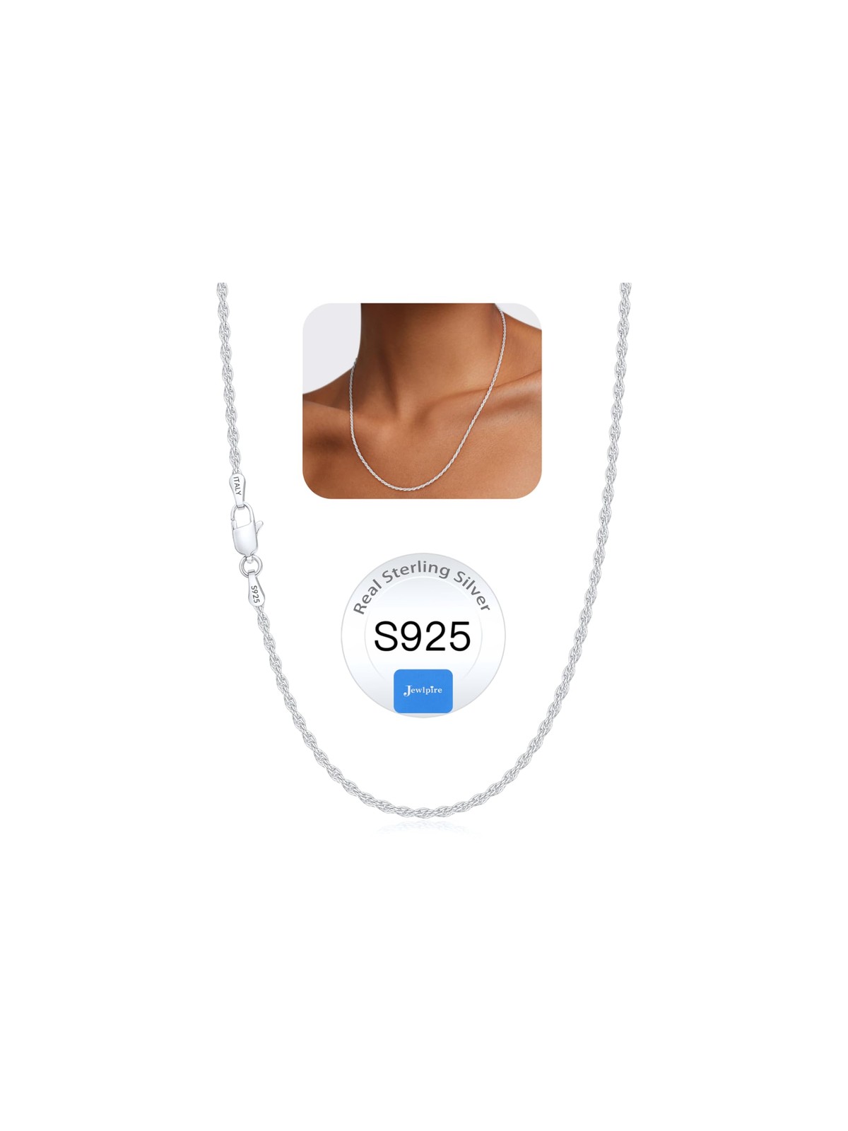 Jewlpire 925 Sterling Silver Chain Necklace For Women 1.5Mm Rope Chains Silver