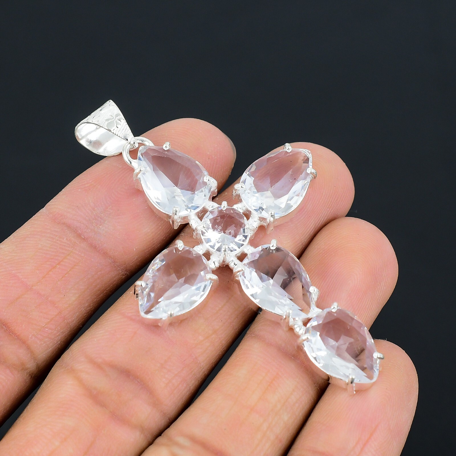 White Topaz Ethnic Handmade Cross Design Pendant Jewelry Party Wear 2.6″ CP 004
