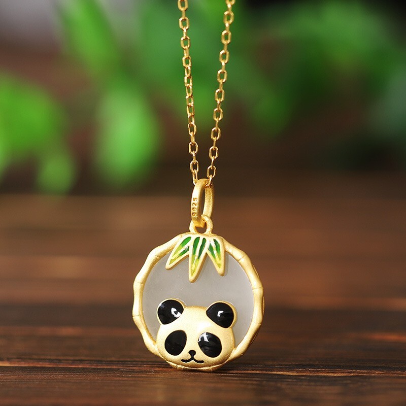 Vintage 18K Gold Plated Hetian Jade Panda Bamboo Pendant Necklace