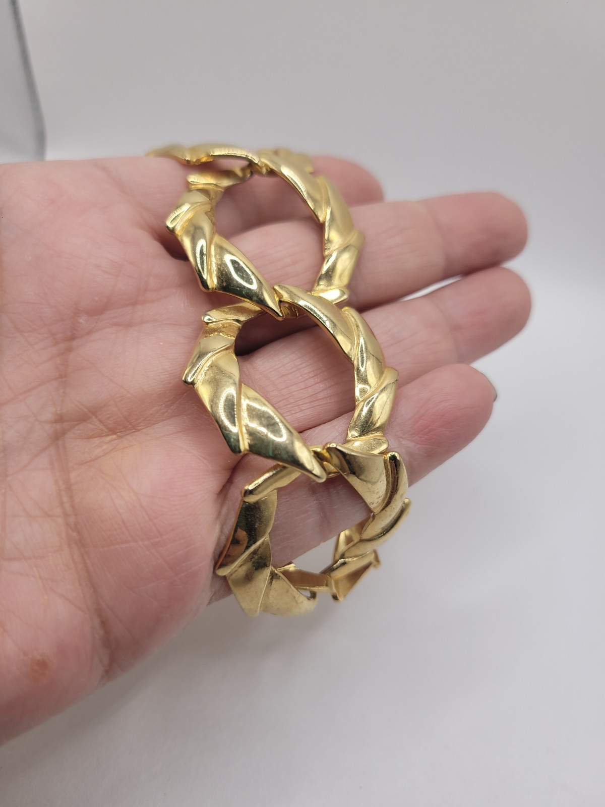 Vintage Gold Tone Geometric Link Bracelet Fold Over Clasp Chunky Statement Jewel