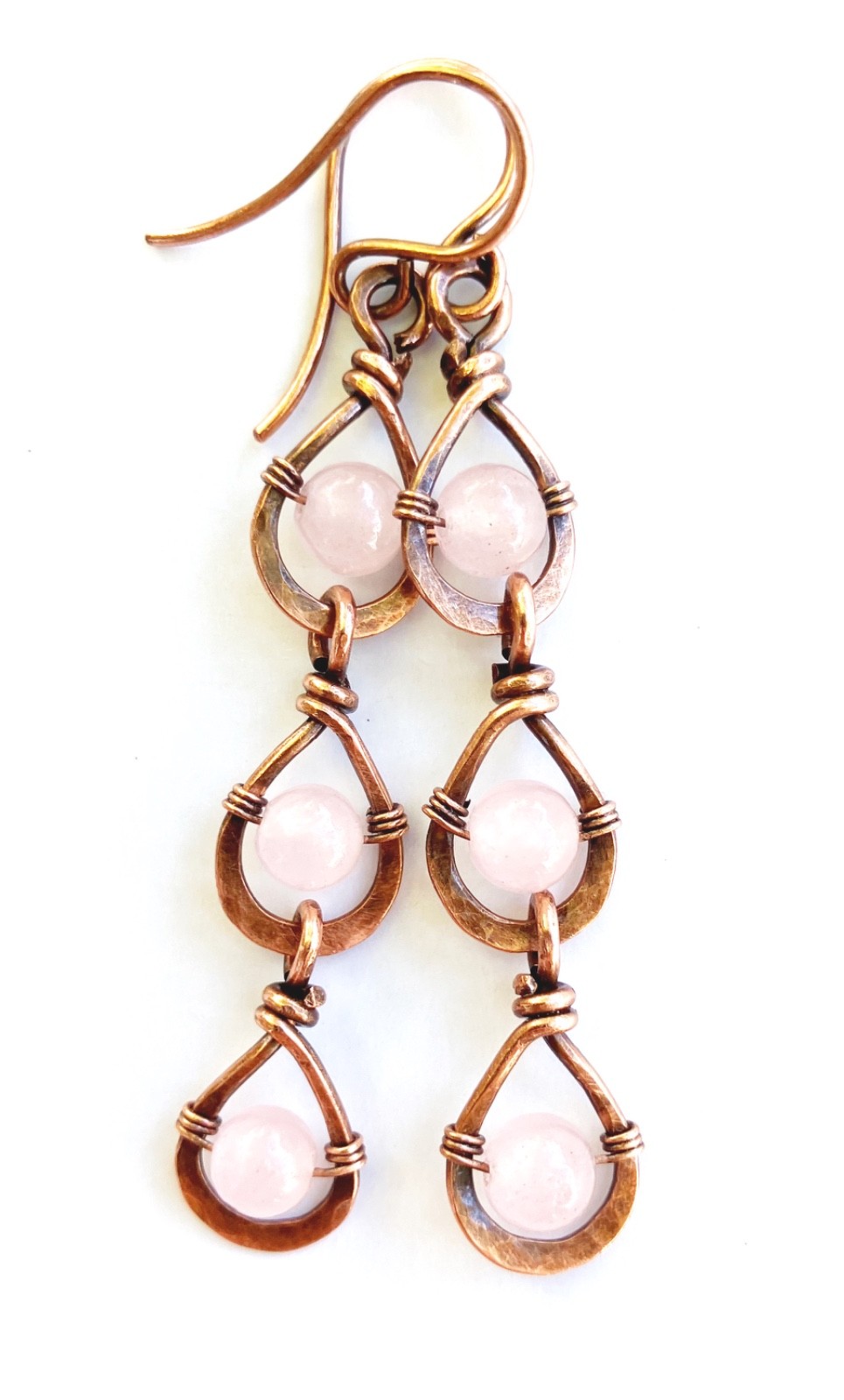 Wire Wrapped Teardrop Dangle Earrings Boho Pink Stones Rose Quartz Long Copper