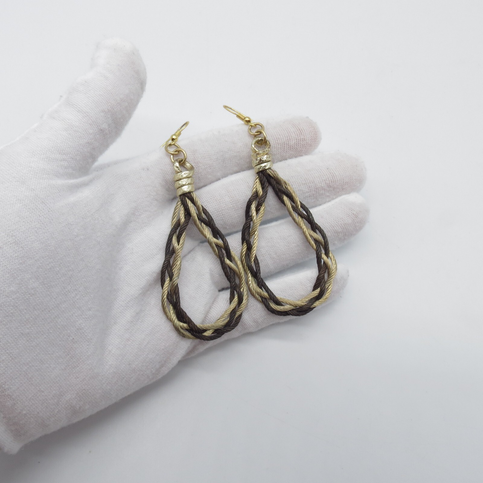 Teardrop Dangle Earrings Brown Beige Braided Rope Gold Tone Boho