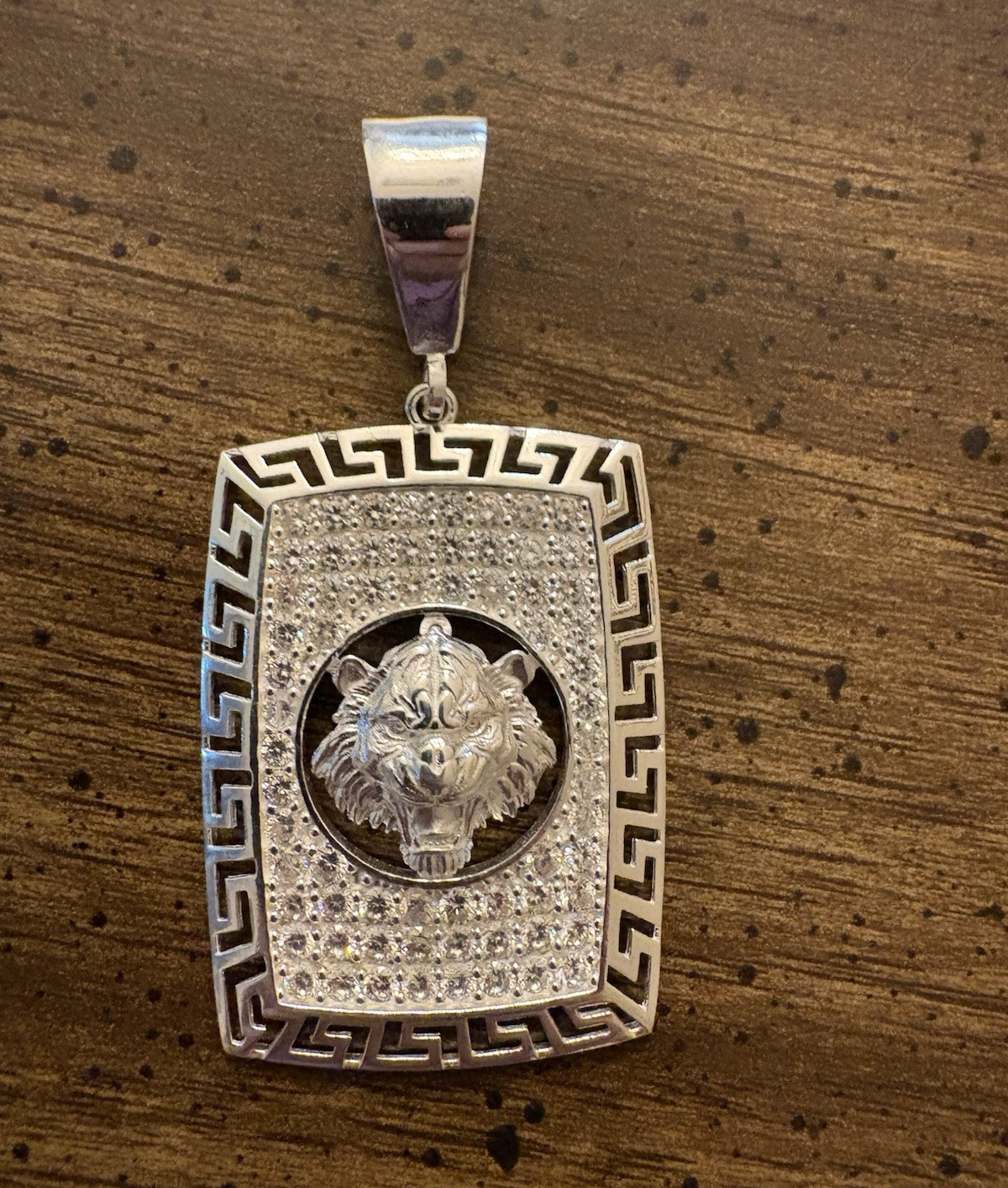 Silver Tone CZ Pavé Rectangle Medusa Lion Head Pendant Greek Key Hip Hop