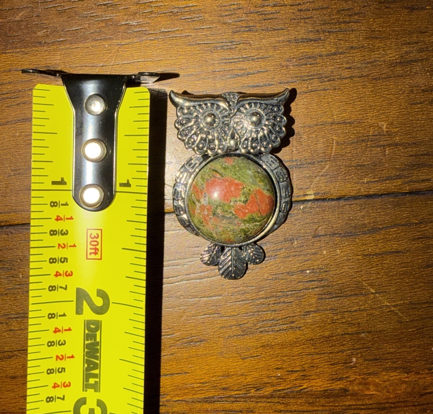 Unakite Owl Pendant Silver Tone Metal Round Bezel 1.75 in