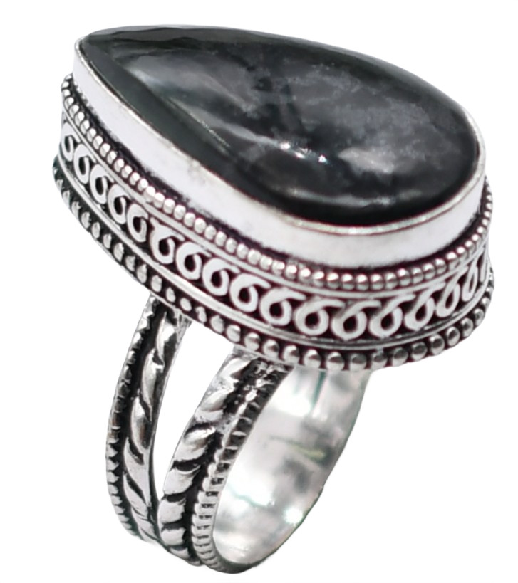 Black Agate Natural Gemstone Antique Silver Plated Ring US Size-8.5 A 310