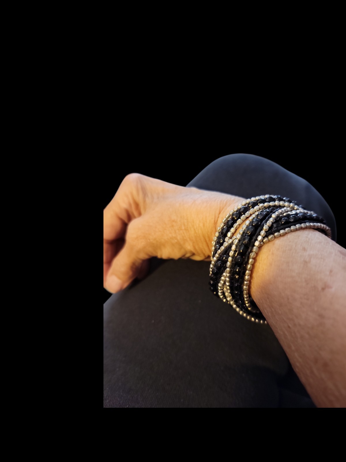 Glamour Triple Twisted Black Silver Tone Wire Cuff Faceted Beaded Bracelet