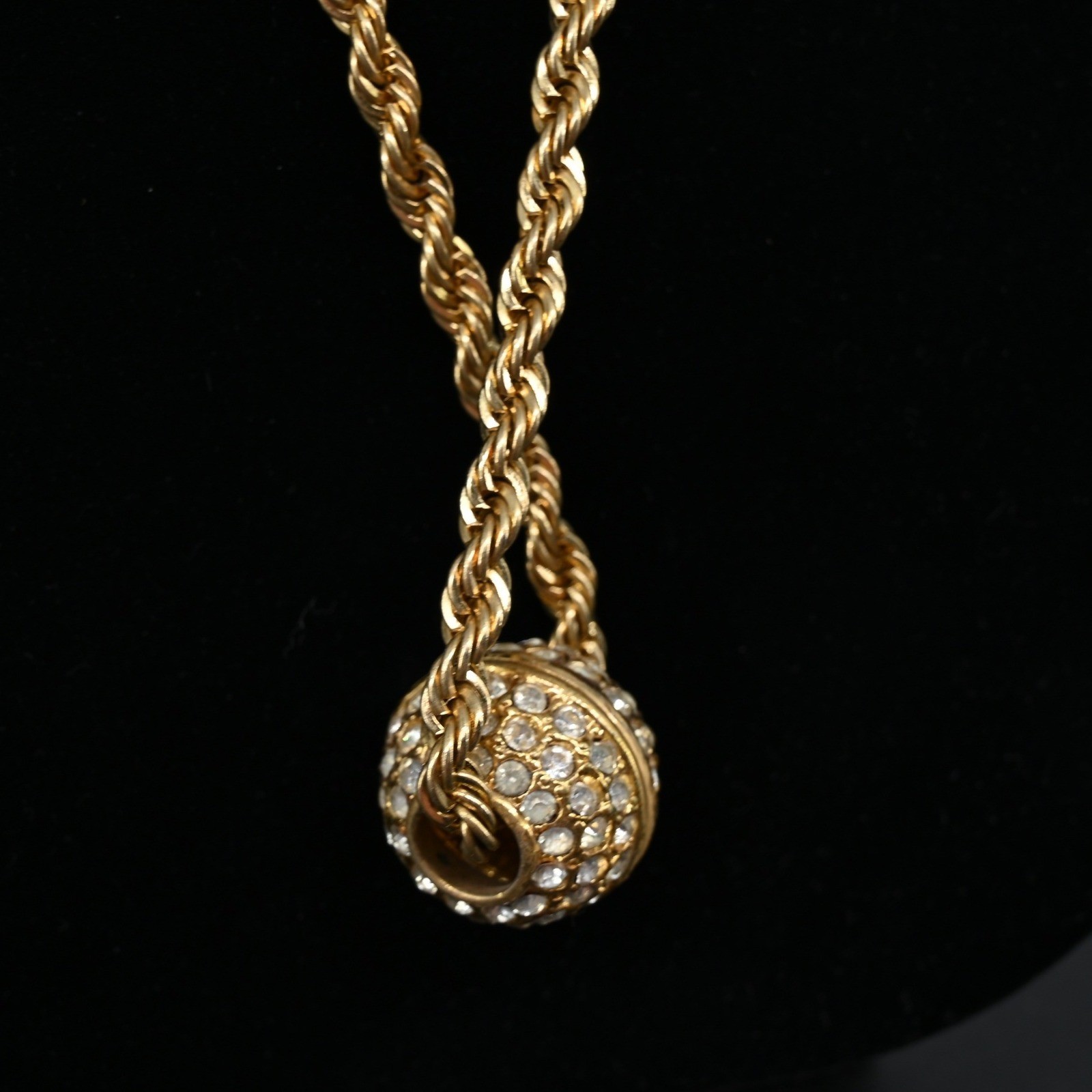 Vintage 18KGP Gold Plated Rope Chain Necklace Crystal Pave Ball Slider Pendant