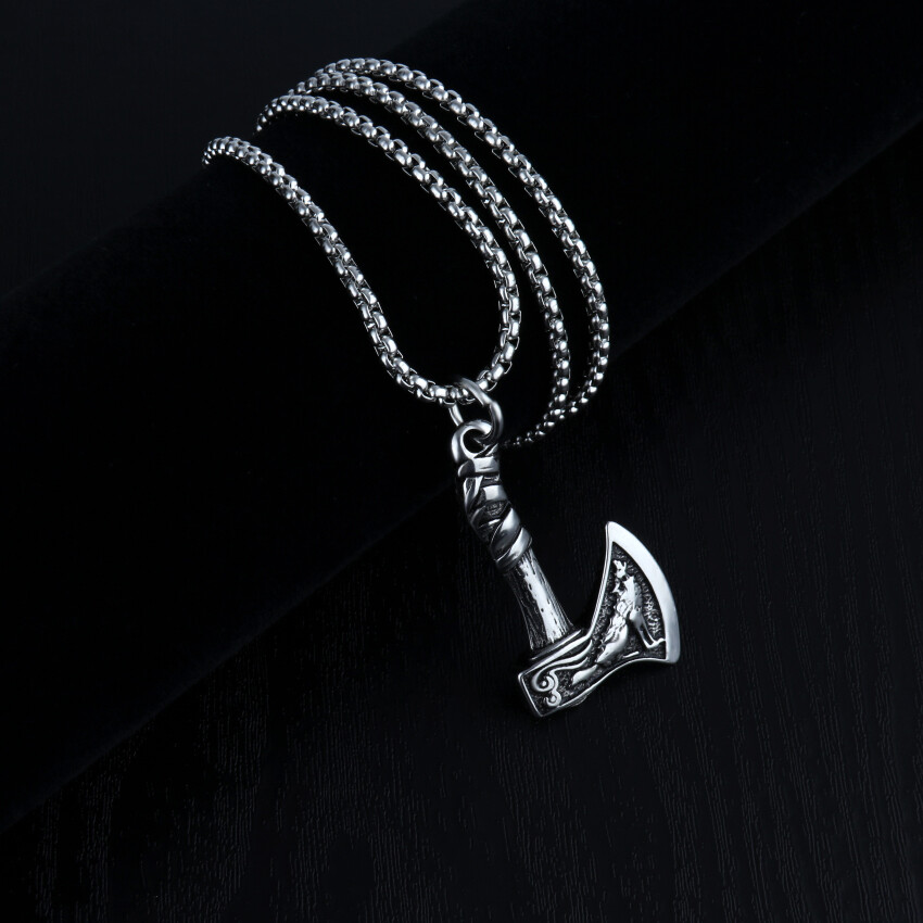 Mens Viking Raven Axe Wolf Pendant Necklace Stainless Steel Luxury Chain DEZILOO