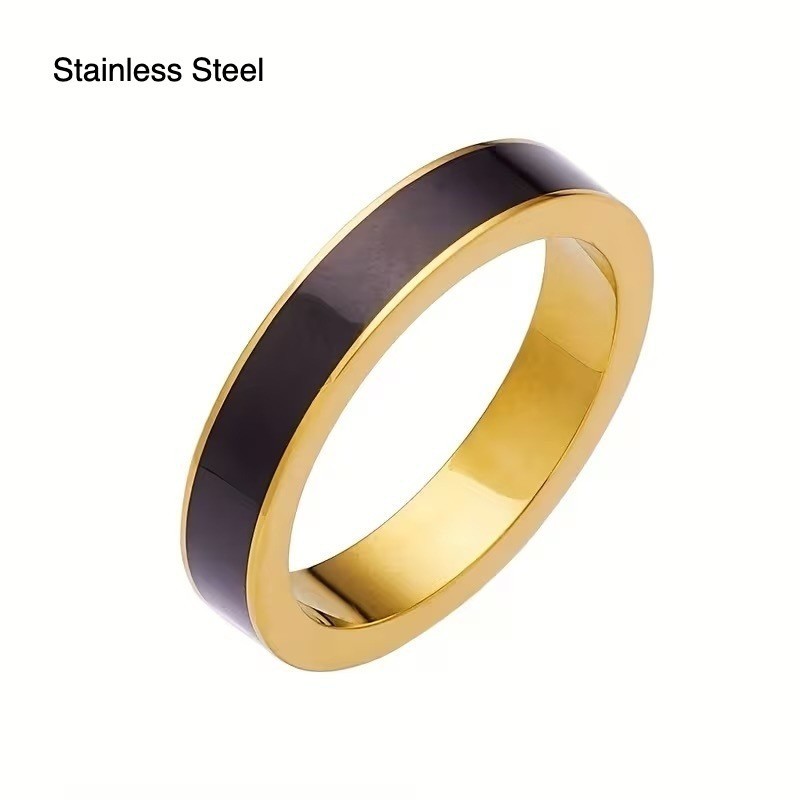 Stainless Steel Black Enamel Inlay Gold Tone Band Ring Minimalist Size 6