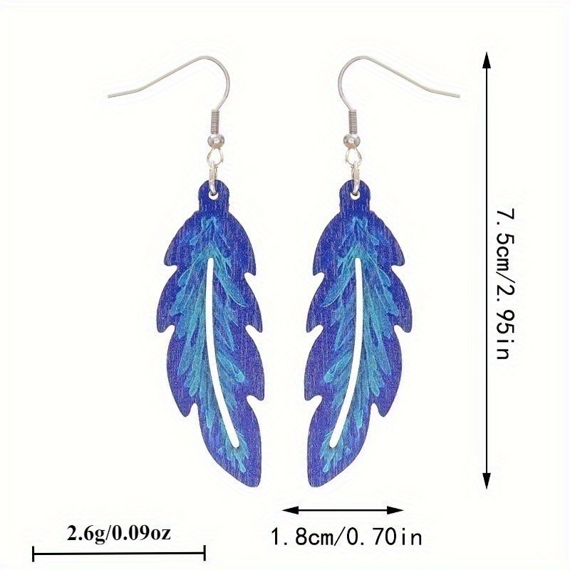 Bohemian Blue Wooden Feather Shape Eardrop Women’s Retro Pendant Earrings New
